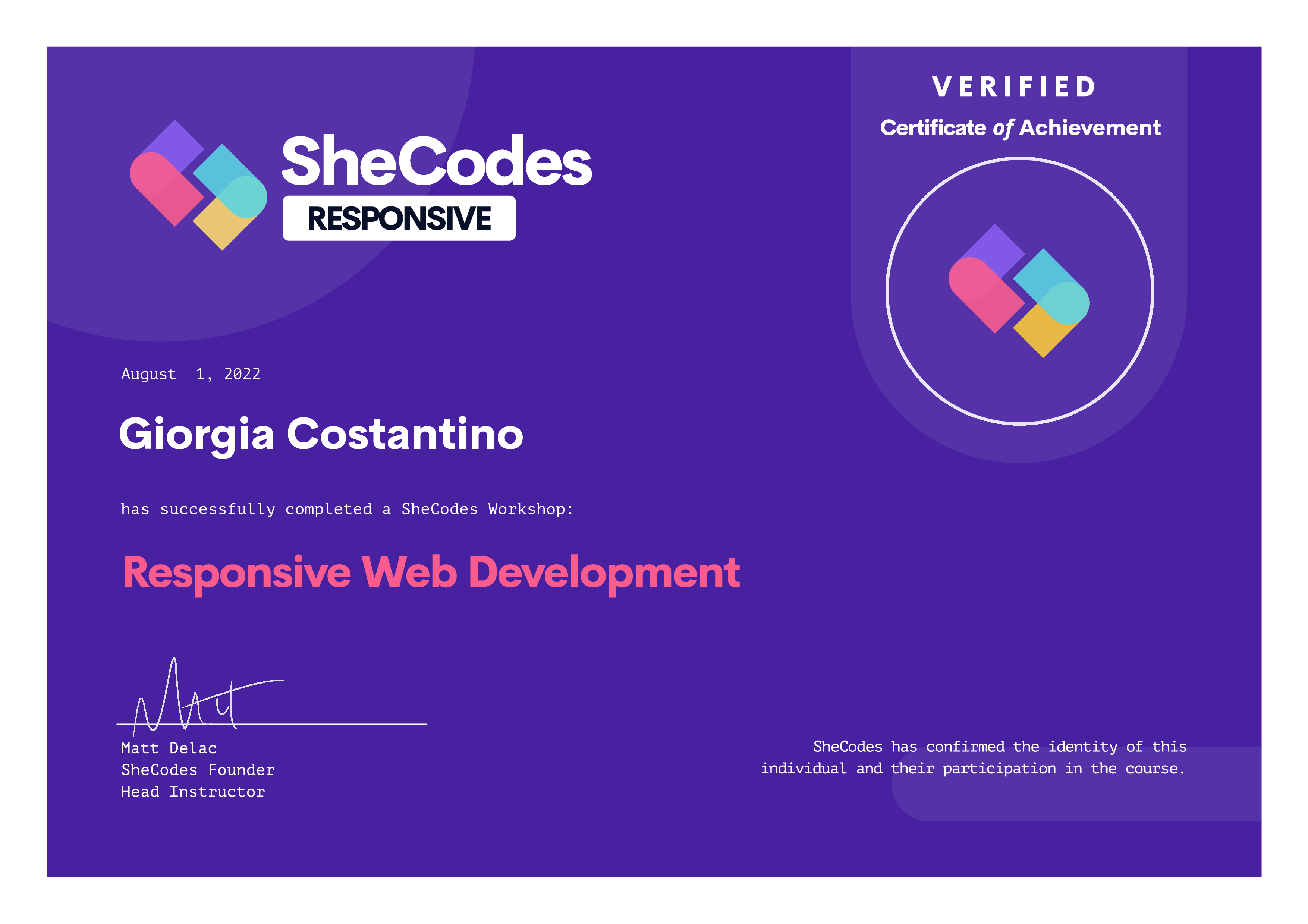 Certificate of Giorgia - Responsive Web Developmnet with SheCodes